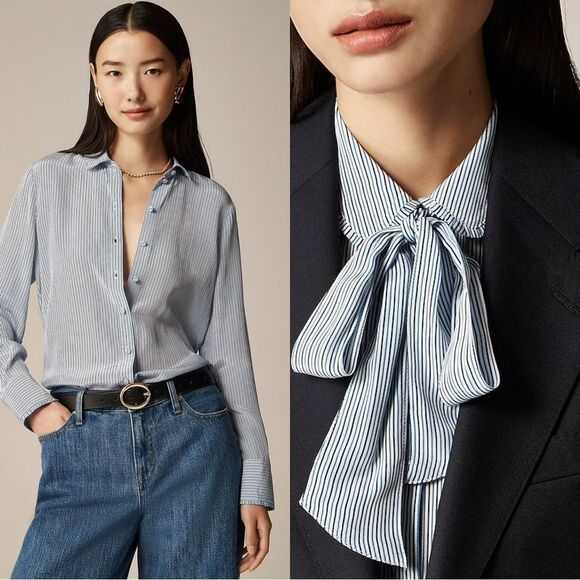NWT J CREW Removable tie-neck button-up shirt in striped crepe de chine - Picture 1 of 8